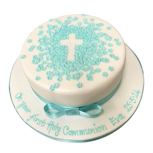 9" Round Communion Celebration Cake Sugar Flower Cross