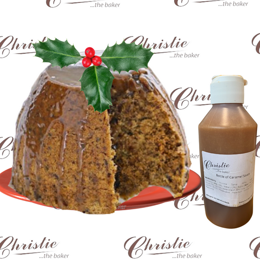 Sticky Toffee Pudding and Bottle of Caramel Sauce